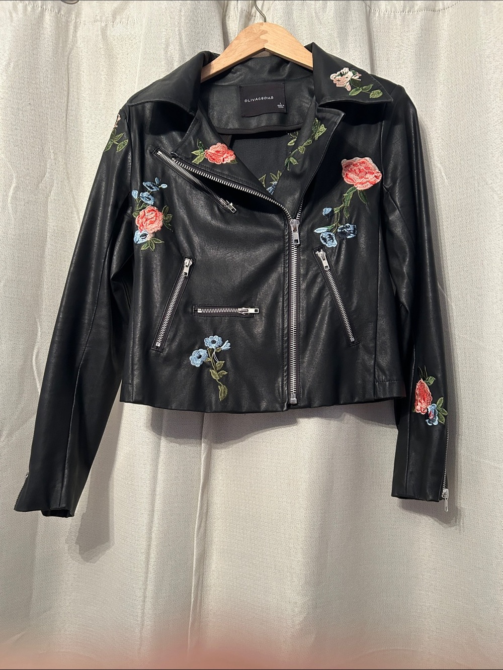 Olivaceous Black Faux Leather Moto Jacket with Pink and Blue Floral Embroidery